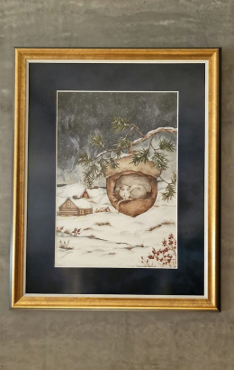 Plakat Zimowa Myszka oprawiony w drewnianą ramę